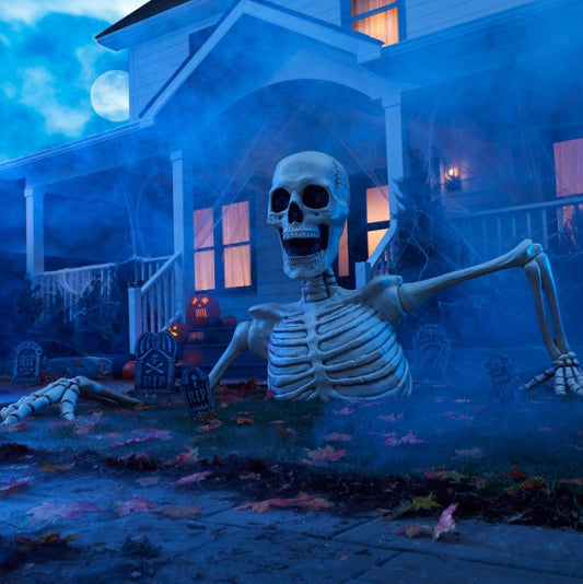 Giant groundbreaking skeleton with LED eyes, 55" (W) x 111" (L) x 62" (H), plays unforgettable sounds